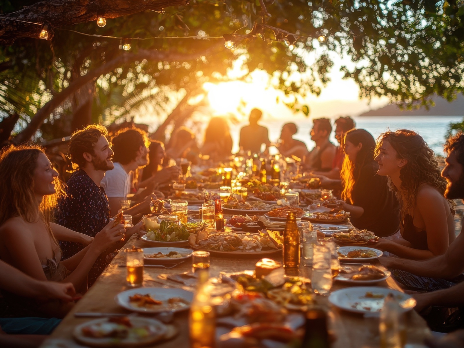 Langer Tisch beim Sonnenuntergang, viele Menschen essen gemeinsam