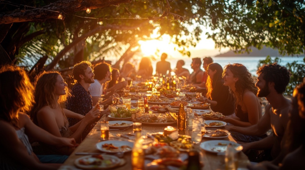 Lange gedeckte Tafel im Freien bei Sonnenuntergang