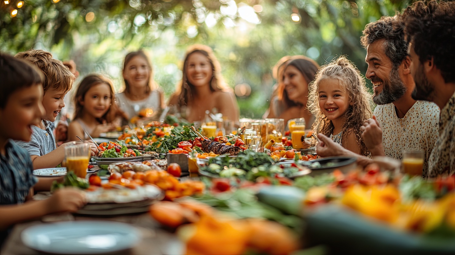 Families and children at a long table in the garden