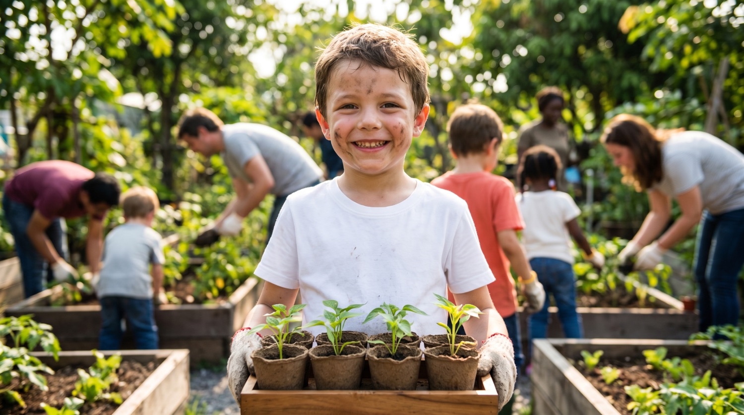 A boy carries seedlings, adults and children work in the bed