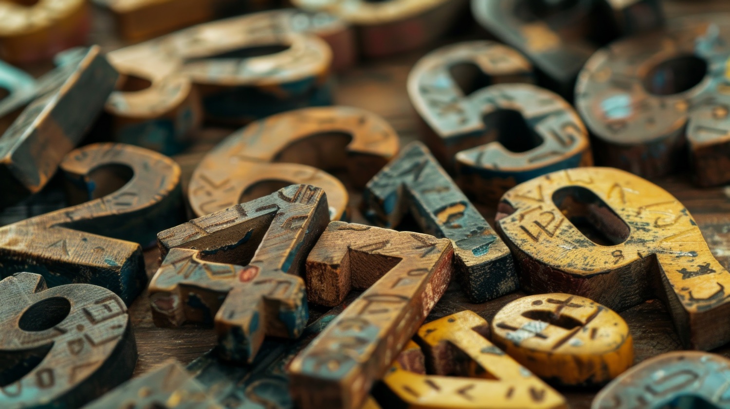 Wooden numerals set on a workbench